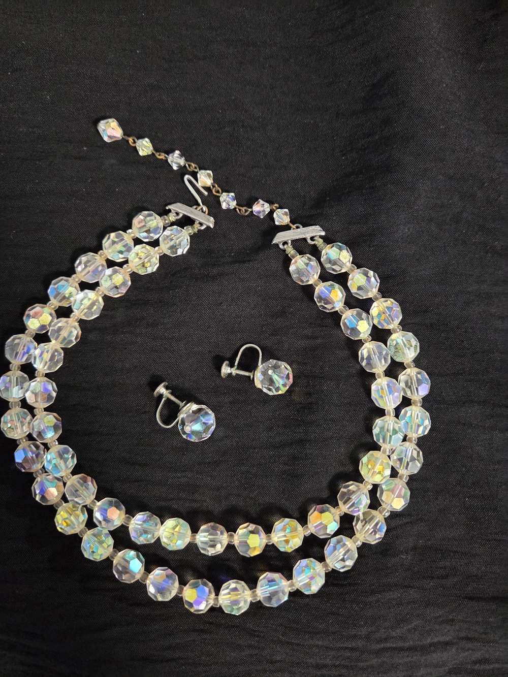 Iridescent Crystal Two-Strand Necklace with Matching Clip-On Earrings - Clear